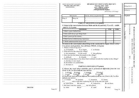 Đề thi Học kì 1 Tiếng Anh 9 năm 2024-2025 trường THCS Mỹ Tiến (Nam Định)